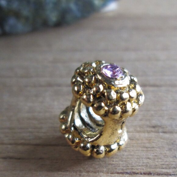 Double Ended Beaded Gold Plated Sterling Silver European Charm with Pink Crystal - Picture 7 of 9